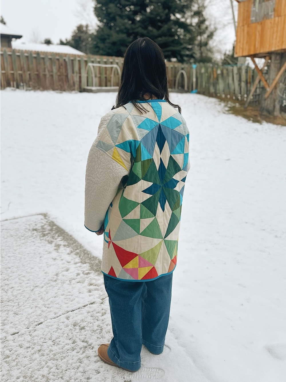 Colorful Geometric Patchwork Quilted Jacket - Blue & Green